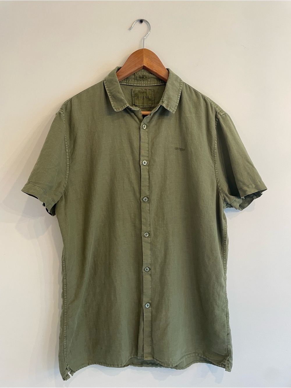 GUESS Olive Green Linen&Cotton Blend Button-Down